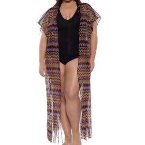 BECCA ETC Carnivals Crochet Fringed Long Cover-up